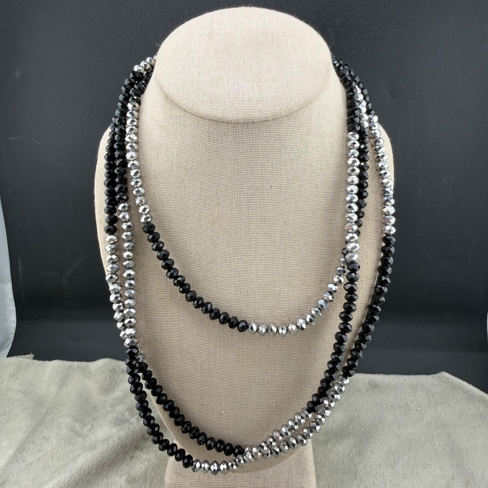 Modern Necklace Long Beaded Black Silver Tone Flapper Opera 60"